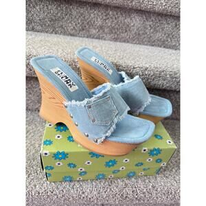 Rare Y2K Funky Chunk Platform Clogs Blue Corduroy Wooden Chunky Mules - Sz 9
